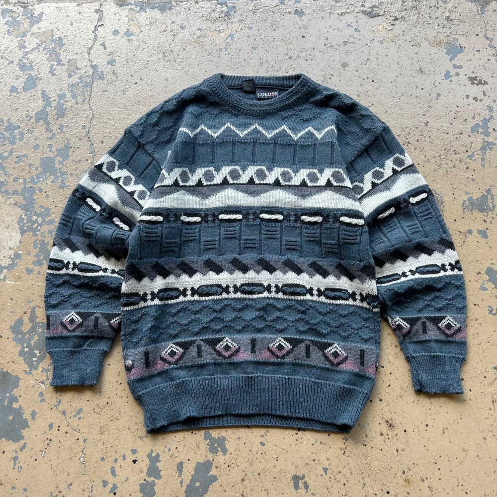 Vintage Colore Italia Men Blue 3D Textured Knit Wool Blend Sweater Made in Italy